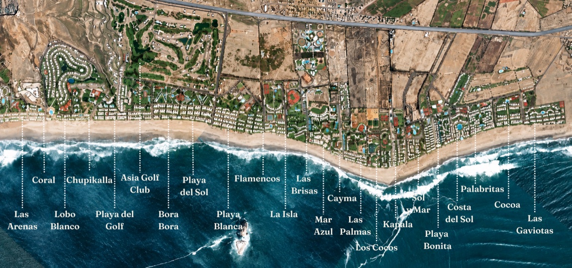Vista aérea del corredor de Asia con los clubes etiquetados, de Las Arenas a Las Gaviotas