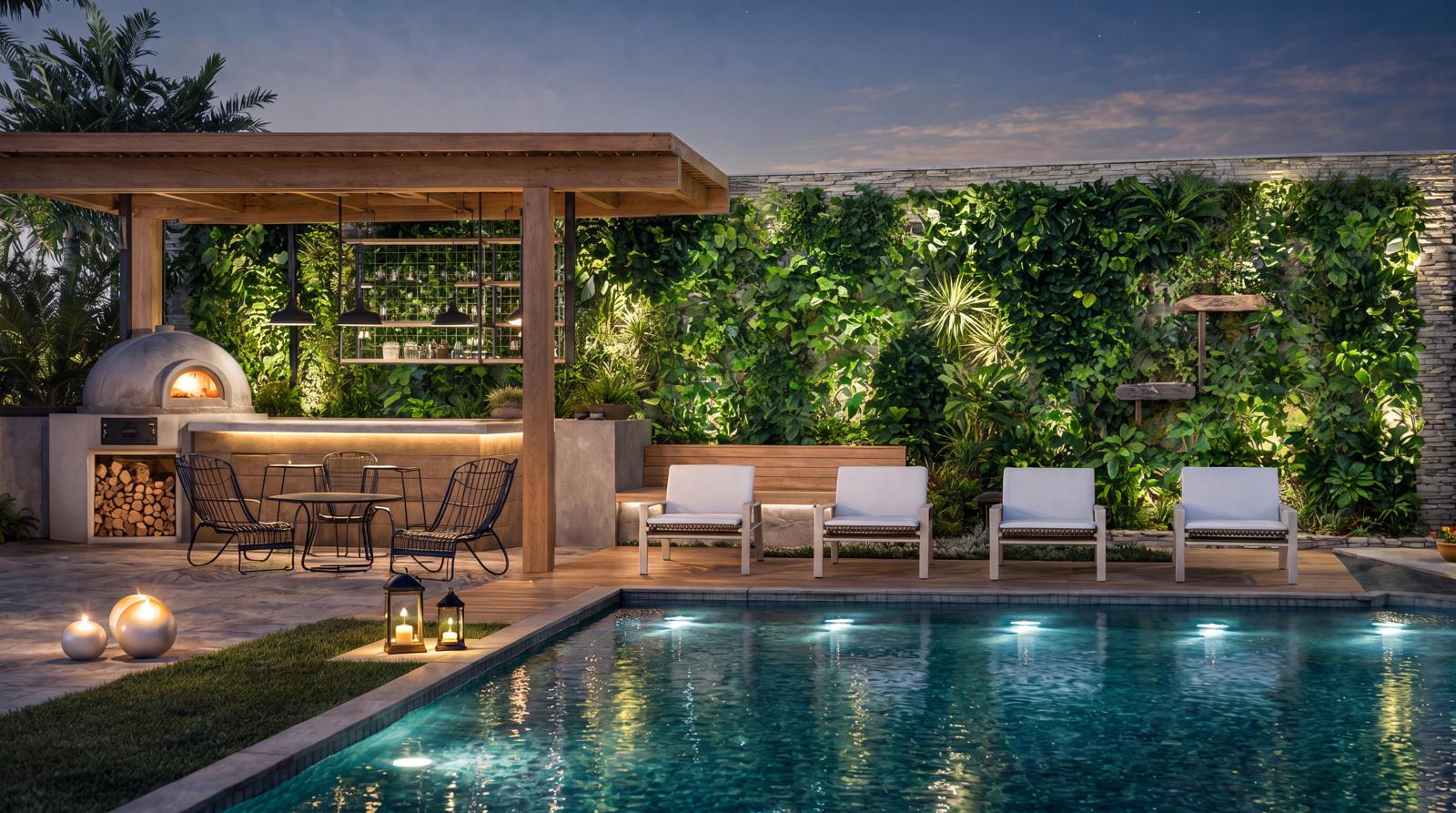La piscina y la terraza social propuestas, con muro verde e iluminación ambiental