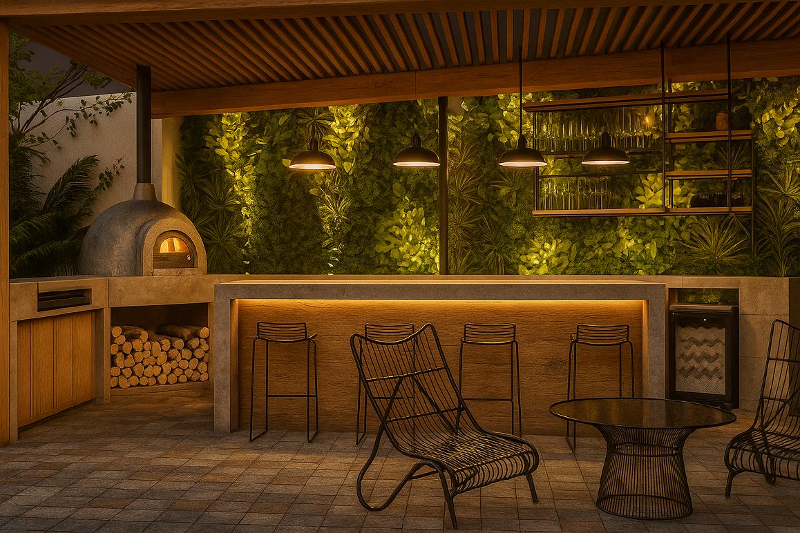 El área exterior con parrilla y barra social