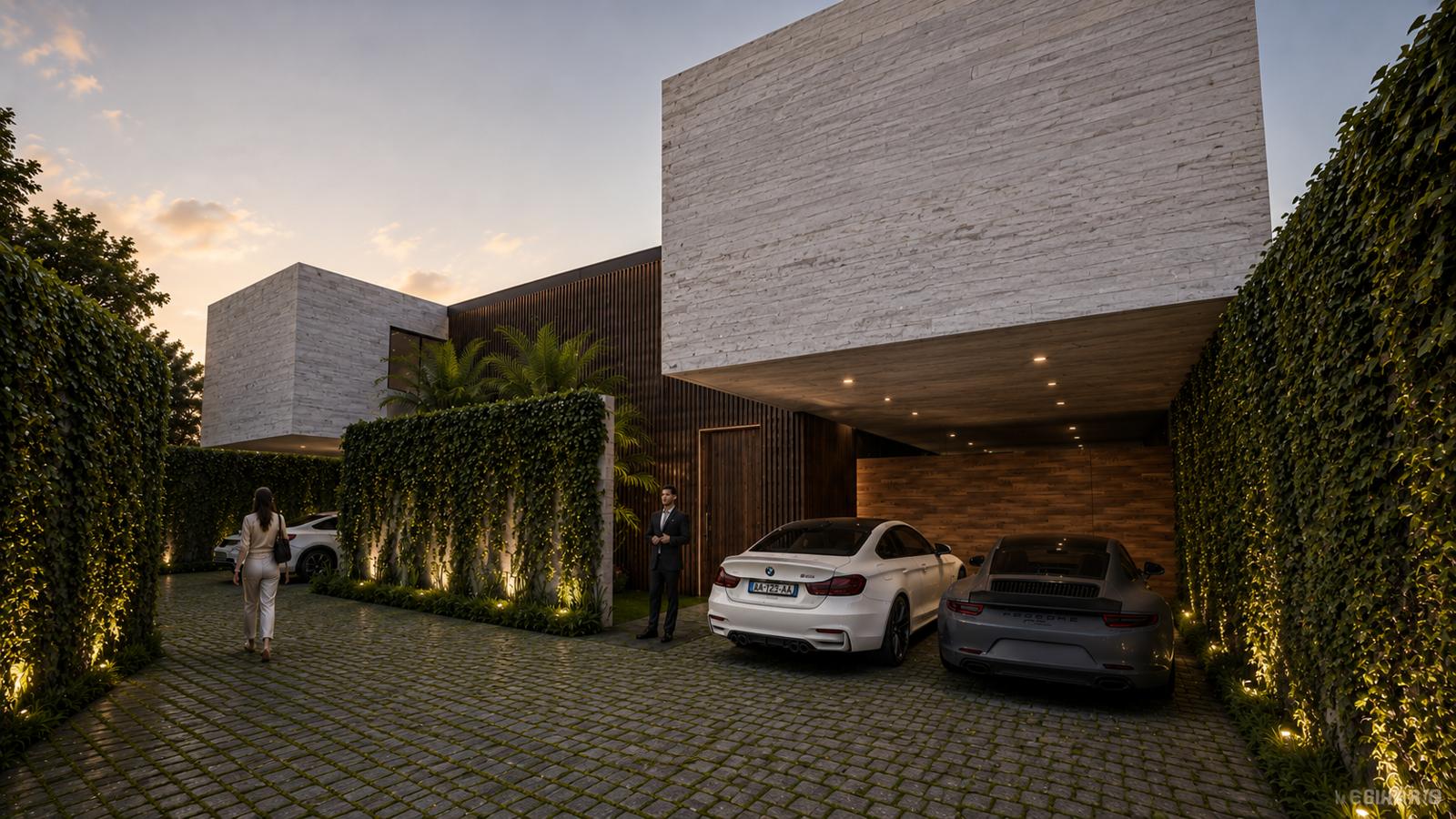 Los dos townhouses proyectados: volúmenes sobrios, muros verdes e iluminación cálida