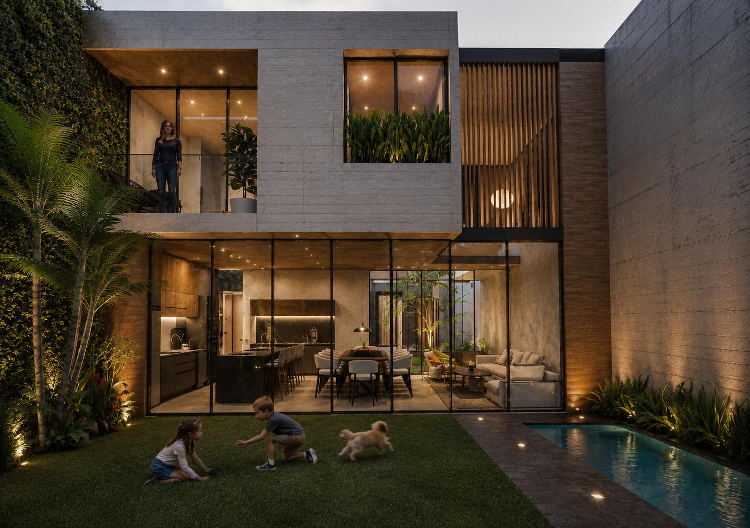 Interior del townhouse: doble altura y materiales cálidos