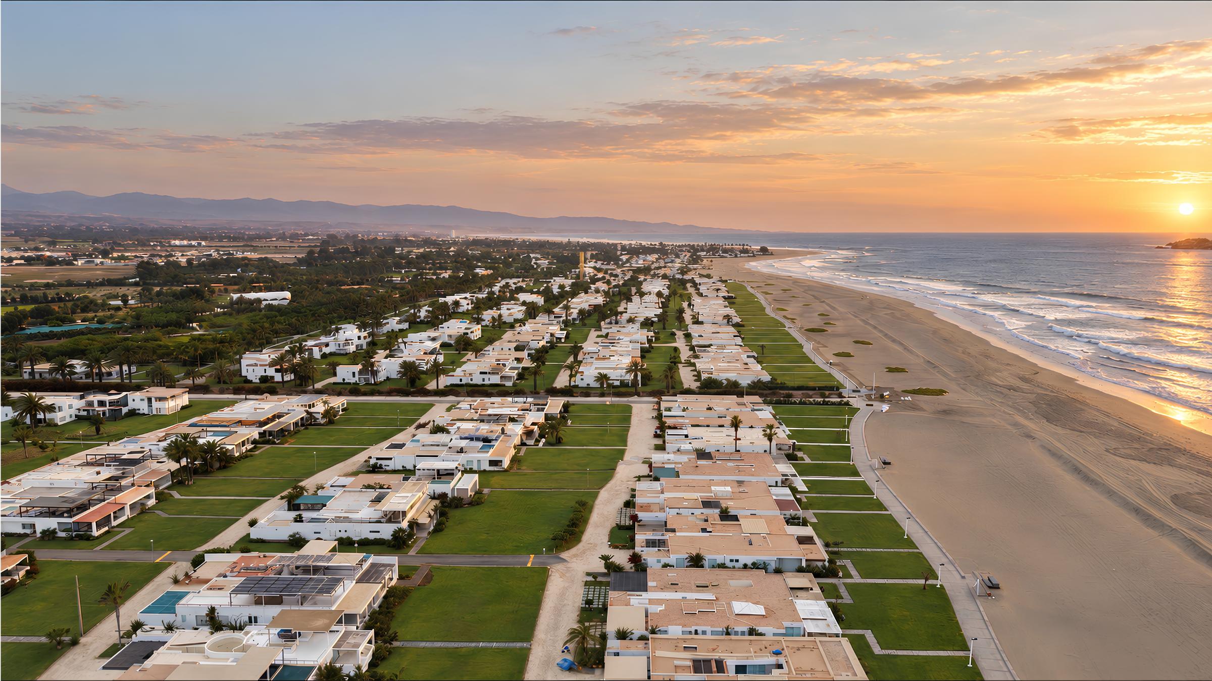 Casas de playa en Asia al atardecer, corredor Km 92-105