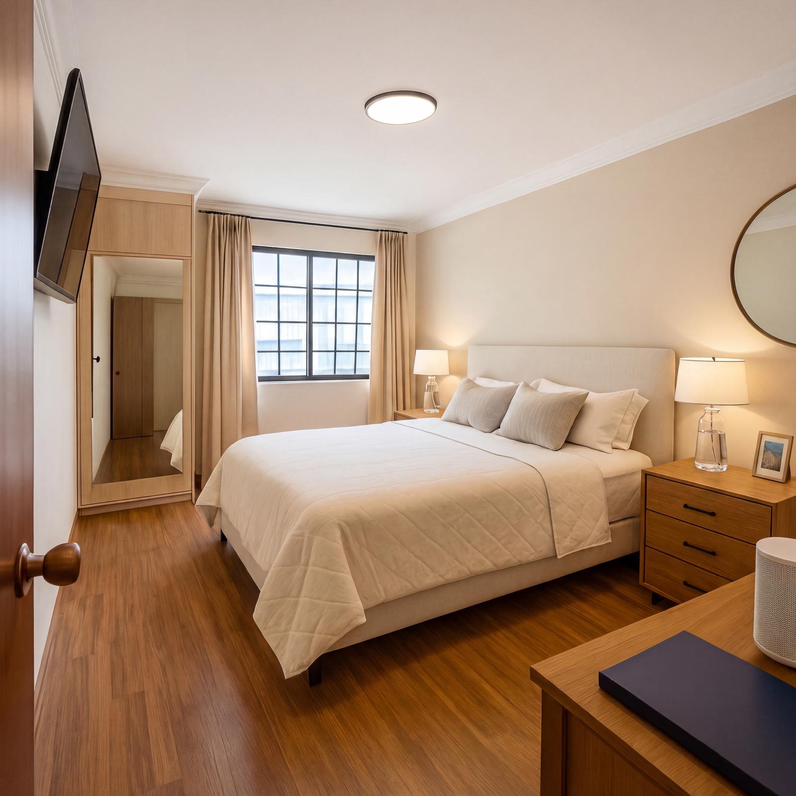 Dormitorio preparado para fotografía y visitas