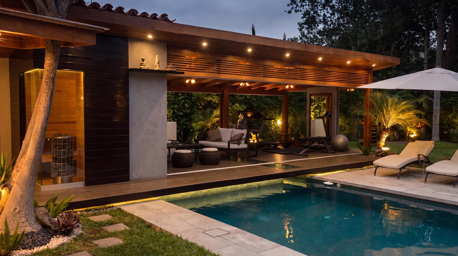 La terraza de noche: pérgola iluminada, sala exterior y piscina